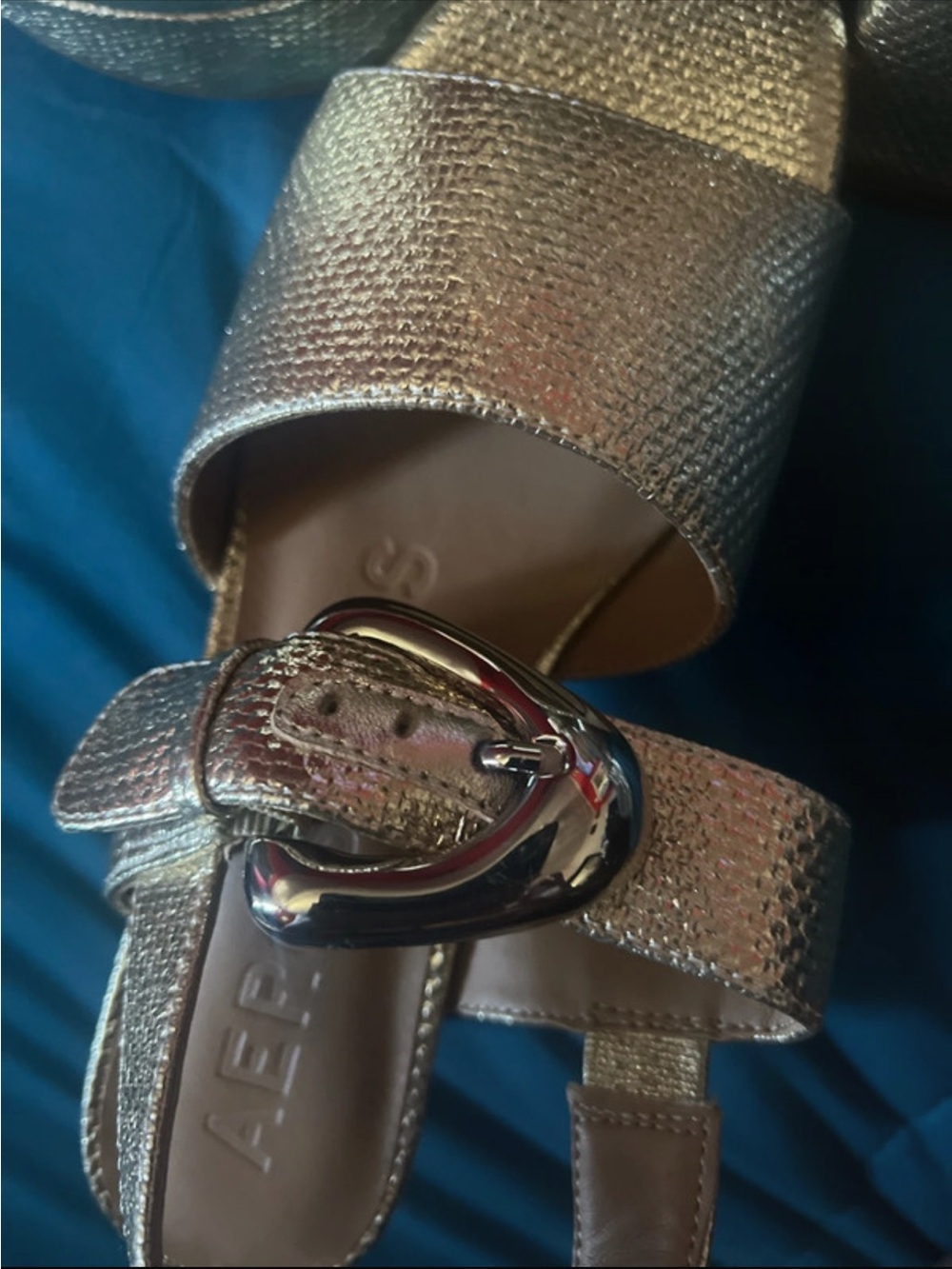 AEROSOLES Metallic Gold Textured Strap Sandals with Buckle